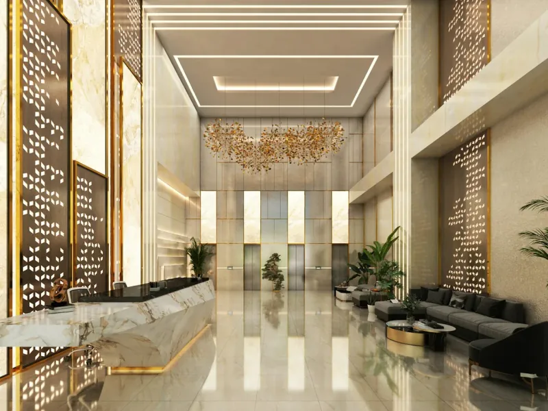 Hotel lobby with glass structures