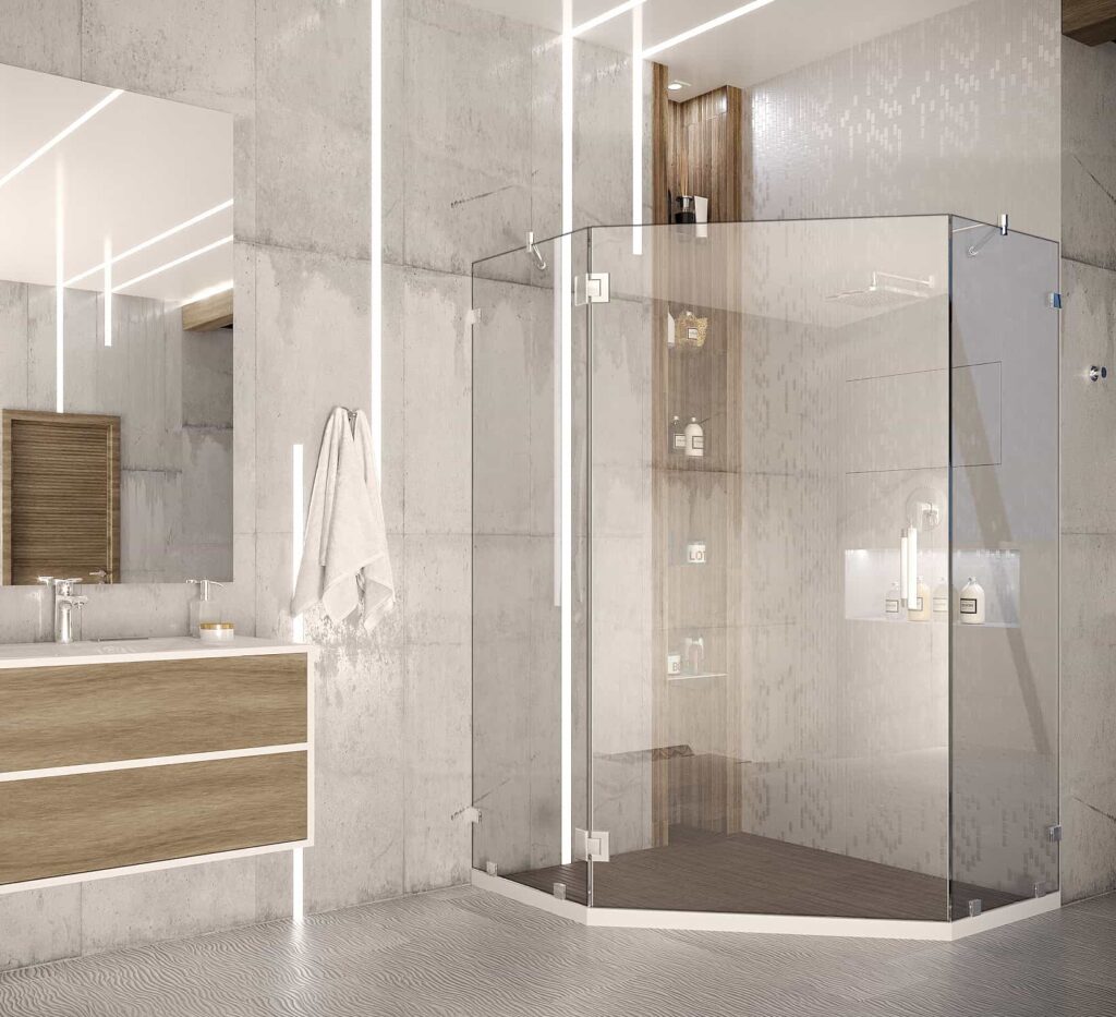 Кутова душова кабіна 90*90 в форми трапеції, з прозорим склом, та хромовою фурнітурою