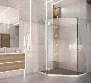 Кутова душова кабіна 90*90 в форми трапеції, з прозорим склом, та хромовою фурнітурою
